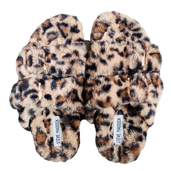 Steve Madden Fuzzy Tan Black Leopard Slippers Size 6 - Picture 1 of 4